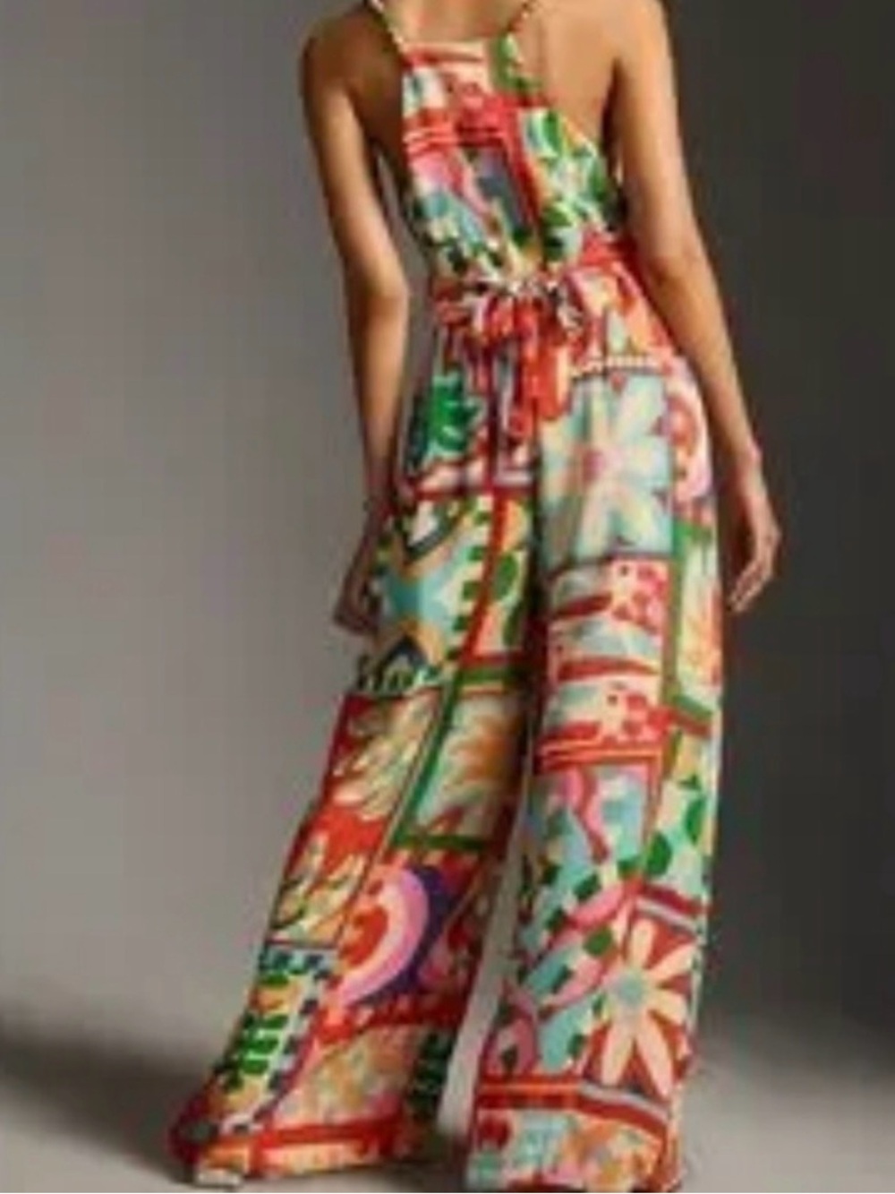 FARM Rio Anthropologie Beaded Strap Wide Leg Tropical Halter Jumpsuit Large - Picture 3 of 16
